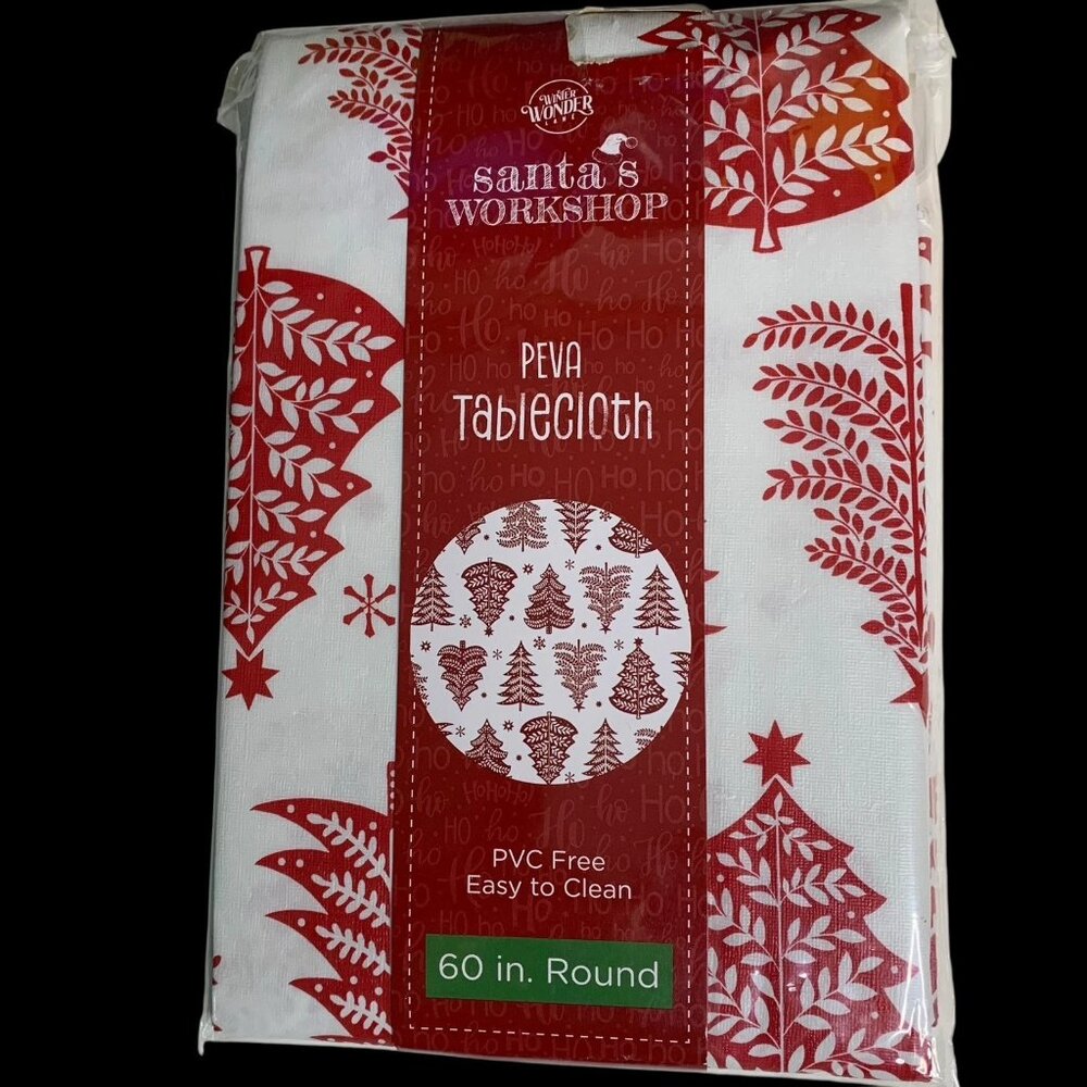 Winter Wonder Lane Christmas Tree Peva Vinyl Tablecloth 70in Round Red White